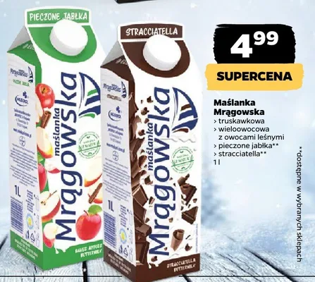Maślanka Mragowska (truskawkowa, wieloowocowa, z owocami leśnymi, pieczone jabłka, stracciatella) 1 l promocja w Netto