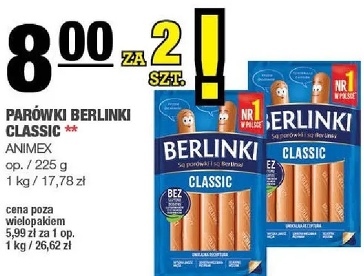 Parówki Berlinki Classic Animex promocja w SPAR