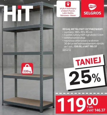 Regał metalowy ocynkowany Selgros promocja w Selgros