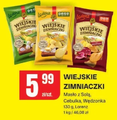 Chipsy Wiejskie Zimniaczki Masło z Solą, Cebulka, Wędzonka Lorenz promocja w Chorten