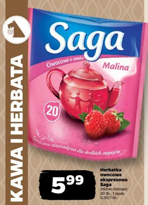 Herbatka owocowa ekspresowa Saga Malina różne rodzaje promocja w Netto