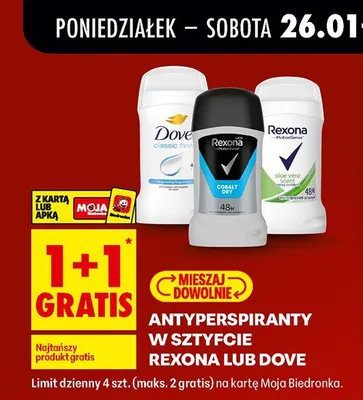 Antyperspiranty w sztyfcie Rexona, Dove 1+1 GRATIS Biedronka promocja w Biedronka