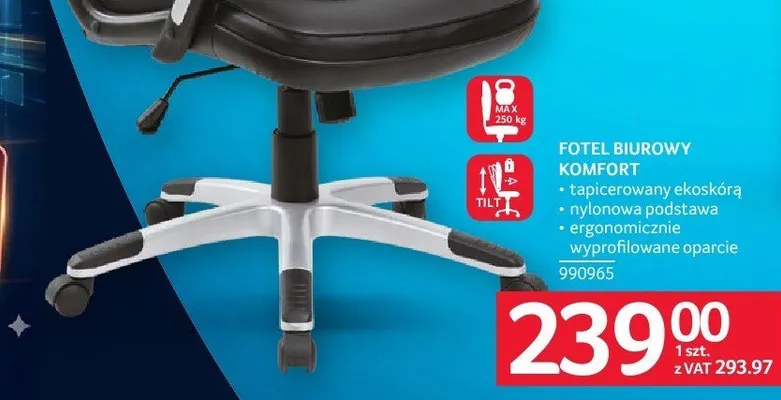 Fotel biurowy Komfort ekoskóra czarna ergonomiczne wypełnione oparcie Selgros promocja w Selgros