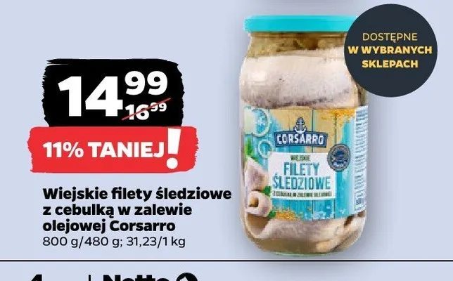 Wiejskie filety śledziowe z cebulką w zalewie olejowej Corsarro promocja w Netto