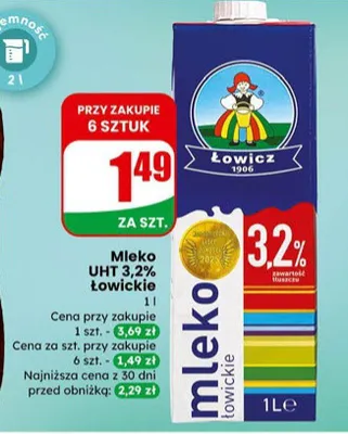 Mleko UHT 3,2% Łowickie promocja w Dino