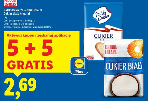 Cukier biały kryształ 1 kg 5+5 GRATIS promocja w Lidl