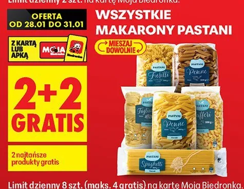 Makaron pastani wszystkie rodzaje 2+2 gratis promocja w Biedronka