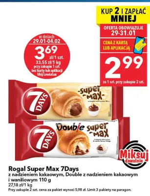 Rogalik Double Super Max 7Days z nadzieniem kakaowym i waniliowym 110g promocja w LEWIATAN