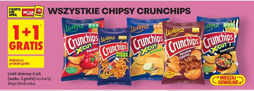 Chipsy Crunchips wszystkie 1+1 gratis promocja w Biedronka