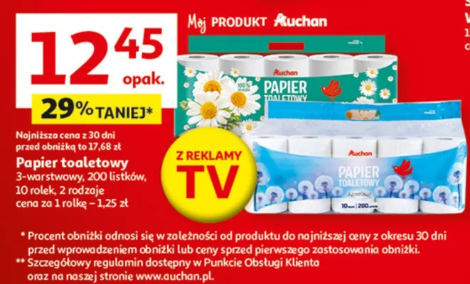 Papier toaletowy Auchan 3-warstwowy, 200 listków, 10 rolek, 2 rodzaje promocja w Auchan