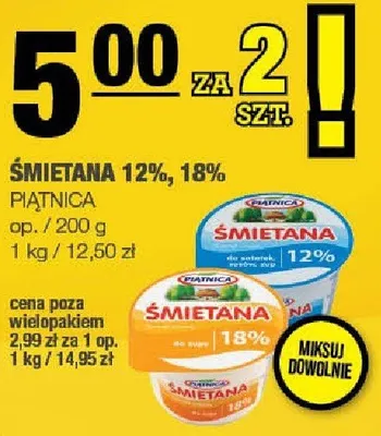 Śmietana 12%, 18% Piątnica promocja w SPAR