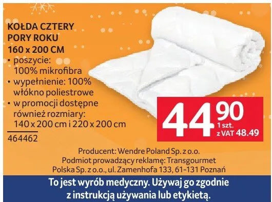 Kołdra cztery pory roku 160 x 200 CM Selgros promocja w Selgros