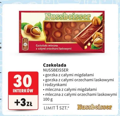 Czekolada z całymi orzechami laskowymi i rodzynkami, różne rodzaje promocja w Intermarche