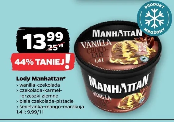 Lody Manhattan wanilia-czekolada, czekolada-karmel-orzech laskowy, biała czekolada-pistacje, śmietanka-mango-marakuja promocja w Netto