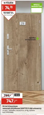 Drzwi drewniane wewnątrzklatkowe SANTOS II dąb wiosenny w zest. wkładka, ościeżnica, próg, opaska promocja w Leroy Merlin