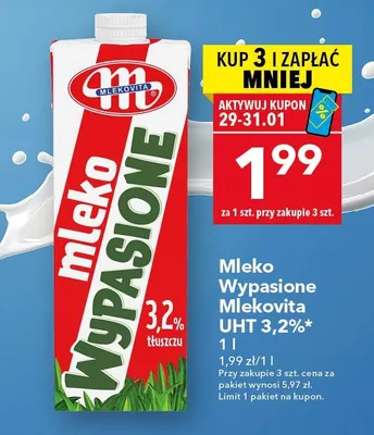Mleko wypasione Mlekovita UHT 3,2% tłuszczu 1 l promocja w LEWIATAN