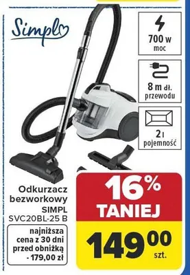 Odkurzacz bezworkowy SVC20BL-25 B Simpl promocja w Carrefour
