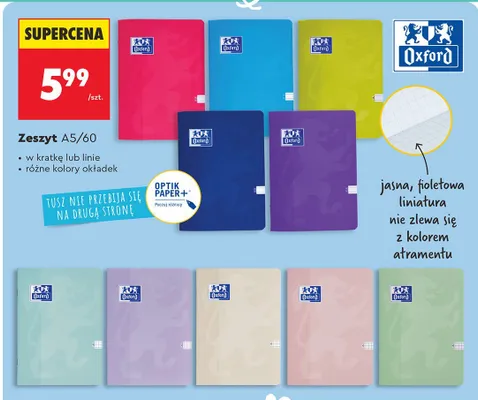Zeszyt Oxford A5/60 w kratkę lub linię różne kolory okładek promocja w Biedronka