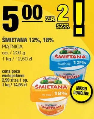 Śmietana 12%, 18% PIĄTNICA promocja w SPAR