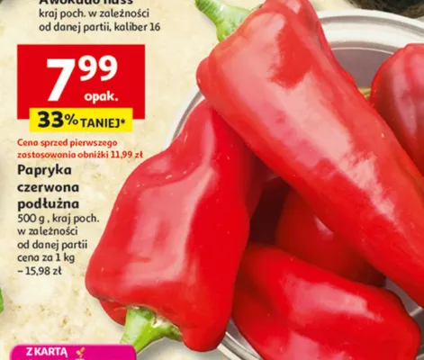 Papryka czerwona podłużna, 500 g, kraj poch. w zależności od danej partii, cena za 1 kg - 15,98 zł Auchan promocja
