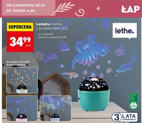 Lampka nocna z projektorem LED lethe promocja w Biedronka