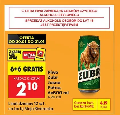 Piwo Żubr Jasne Pełne promocja w Biedronka