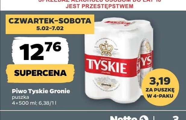Piwo Tyskie Gronie puszka 4x500 ml promocja w Netto