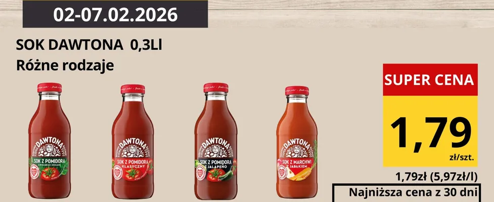 Sok Dawtona różne rodzaje 0,3l promocja w Supeco