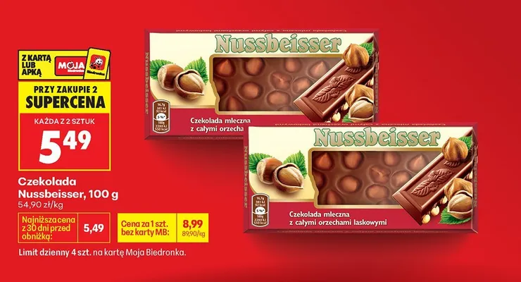Czekolada Nussbeisser mleczna z całymi orzechami laskowymi 100g promocja w Biedronka