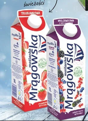 Maślanka Mragowska (truskawkowa, wieloowocowa, z owocami leśnymi, pieczone jabłka, stracciatella) 1 l promocja w Netto