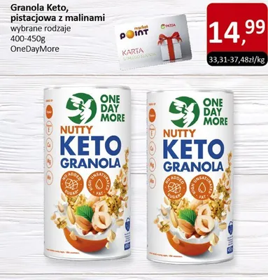 Granola Keto, pistacjowa z malinami wybrane rodzaje OneDayMore promocja w Market Point