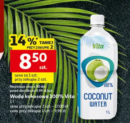 Woda kokosowa Vita Coconut Water 100% promocja w Auchan