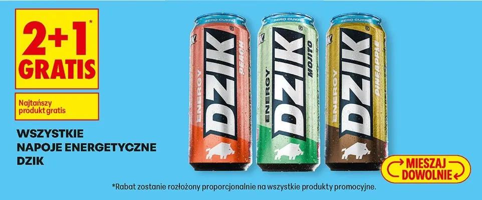 Napoje energetyczne wszystkie rodzaje 2+1 GRATIS Dzik promocja w Biedronka