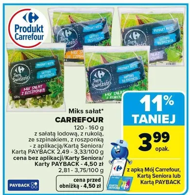 Miks sałat CARREFOUR 120-160 g z sałatą lodową, z rukolą, ze szpinakiem, z rozpónką promocja w Carrefour Market