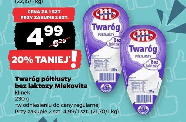 Twaróg półtłusty bez laktozy Mlekovita klinek promocja w Netto