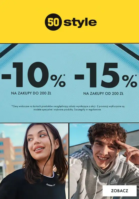 50 style - gazetka promocyjna Do -15% na zakupy od czwartku 17.08 do wtorku 29.08