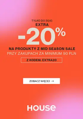 House - gazetka promocyjna Extra -20% z KODEM na produkty z SALE od piątku 27.10 do poniedziałku 30.10 House - gazetka promocyjna Extra -20% z KODEM na produkty z SALE od piątku 27.10 do poniedziałku 30.10