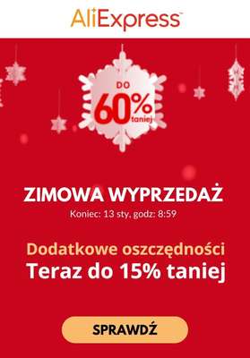AliExpress - gazetka promocyjna Do -60% zimowa wyprzedaż - teraz do -15% taniej! od poniedziałku 08.01 do soboty 13.01