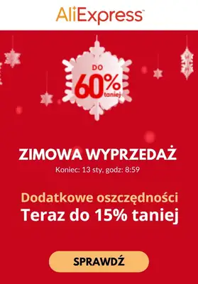 AliExpress - gazetka promocyjna Do -60% zimowa wyprzedaż - teraz do -15% taniej! od poniedziałku 08.01 do soboty 13.01