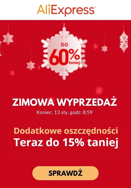 AliExpress - gazetka promocyjna Do -60% zimowa wyprzedaż - teraz do -15% taniej! od poniedziałku 08.01 do soboty 13.01