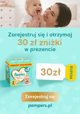 Pampers - gazetka promocyjna 30zł zniżki przy rejestracji do pampers.pl od wtorku 01.04 do środy 30.04  Pampers - gazetka promocyjna 30zł zniżki przy rejestracji do pampers.pl od wtorku 01.04 do środy 30.04