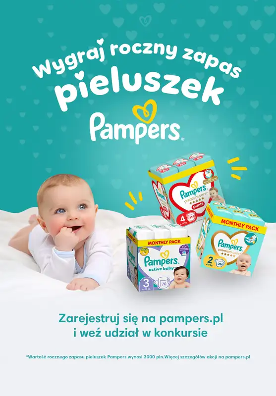  Pampers - gazetka promocyjna Konkurs: wygraj roczny zapas pieluszek Pampers od wtorku 01.04 do środy 30.04