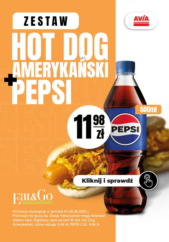 AVIA Stacje Paliw - gazetka promocyjna Promocja Hot dog + Pepsi od niedzieli 01.06 do poniedziałku 30.06