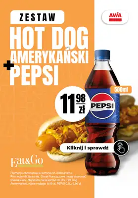 AVIA Stacje Paliw - gazetka promocyjna Promocja Hot dog + Pepsi od niedzieli 01.06 do poniedziałku 30.06 AVIA Stacje Paliw - gazetka promocyjna Promocja Hot dog + Pepsi od niedzieli 01.06 do poniedziałku 30.06
