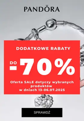 Pandora - gazetka promocyjna Dodatkowe rabaty do 70% od środy 18.06 do niedzieli 06.07 Pandora - gazetka promocyjna Dodatkowe rabaty do 70% od środy 18.06 do niedzieli 06.07