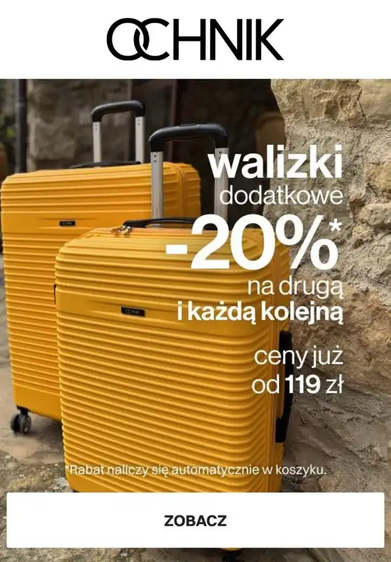 Ochnik - gazetka promocyjna Dodatkowe -20% na drugą i kolejną walizkę od poniedziałku 30.06 