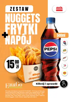 AVIA Stacje Paliw - gazetka promocyjna Zestaw Nuggets Frytki + Napój od piątku 01.08 do niedzieli 31.08 AVIA Stacje Paliw - gazetka promocyjna Zestaw Nuggets Frytki + Napój od piątku 01.08 do niedzieli 31.08