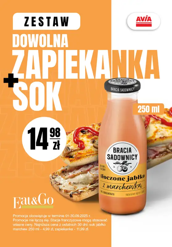 AVIA Stacje Paliw - gazetka promocyjna Zapiekanka + sok od poniedziałku 01.09 do wtorku 30.09