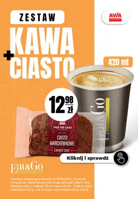 AVIA Stacje Paliw - gazetka promocyjna Kawa + ciasto od poniedziałku 01.09 do wtorku 30.09 AVIA Stacje Paliw - gazetka promocyjna Kawa + ciasto od poniedziałku 01.09 do wtorku 30.09