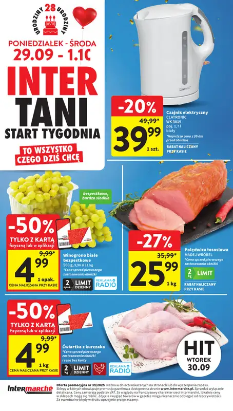 Intermarche - gazetka promocyjna Intertani start tygodnia od poniedziałku 29.09 do środy 01.10
